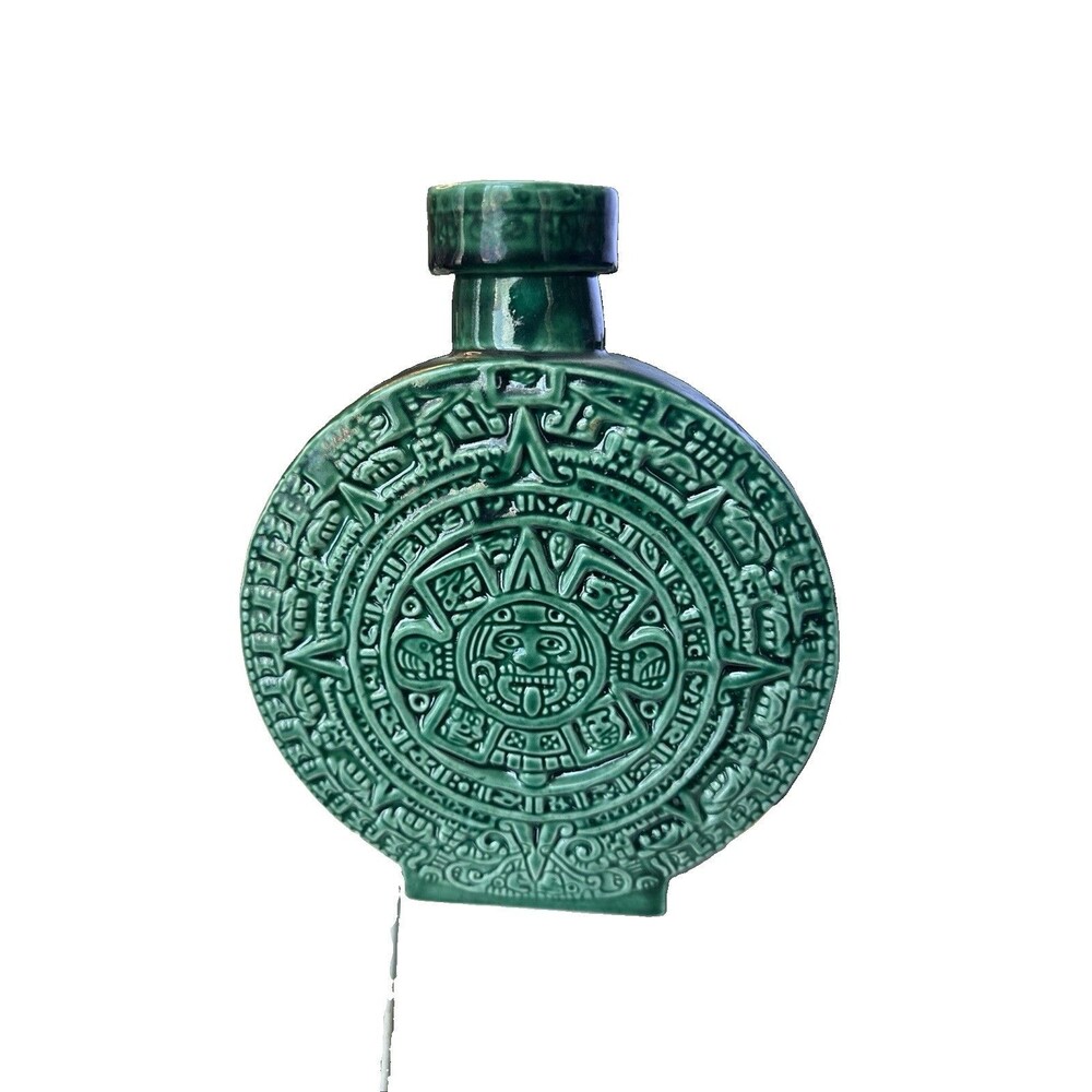 Mayan mid century Green Ceramic Aztec Round DECANTER Vintage Rare